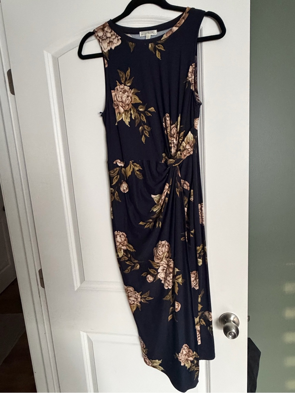 Sleeveless Navy Floral Twist-Front Midi Dress